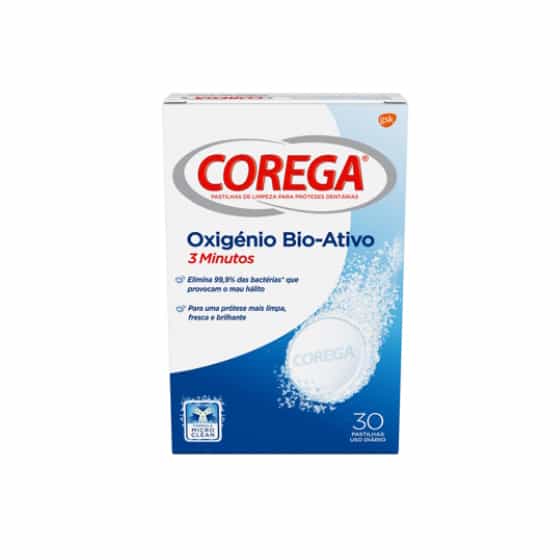 Corega Oxigénio Bio-Ativo Pastilha de limpeza de prótese dentária branqueadora 30 Unidade(s) com Desconto de 20%